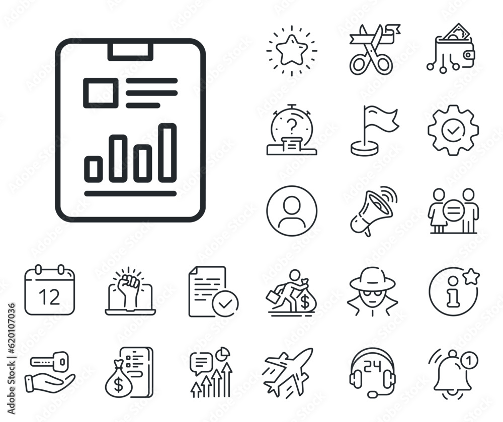 Poster analysis chart or sales growth sign. salaryman, gender equality and alert bell outline icons. report