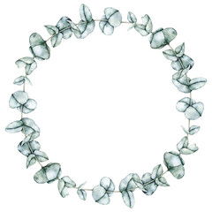 Watercolor emerald eucalyptus round frame, Greenery foliage wreath isolated on background. Hand drawn botanical illustration for stationery, wedding invitations, save the date, greeting card, logos