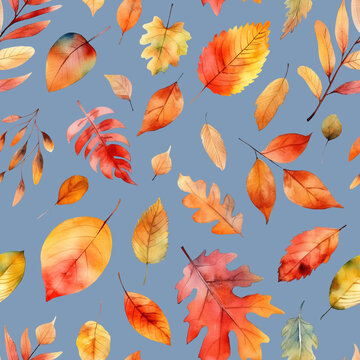 seamless pattern of watercolor autumn red and yellow leaves on a gray background. generated ai