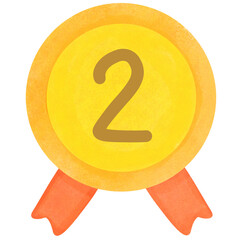 Gold medals. Champion and winner awards medal set with red ribbon. number 2 champion