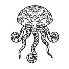 A black and white drawing of a jellyfish