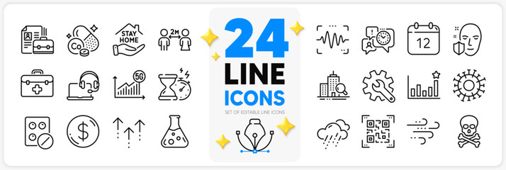 Icons set of Windy weather, Customisation and Chemistry lab line icons pack for app with Cobalt mineral, Qr code, Annual calendar thin outline icon. Rainy weather, Time management. Vector
