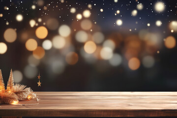beautiful winter christmas background with empty wooden table for product display, blurred background with xmas lights, copy space, generative ai

