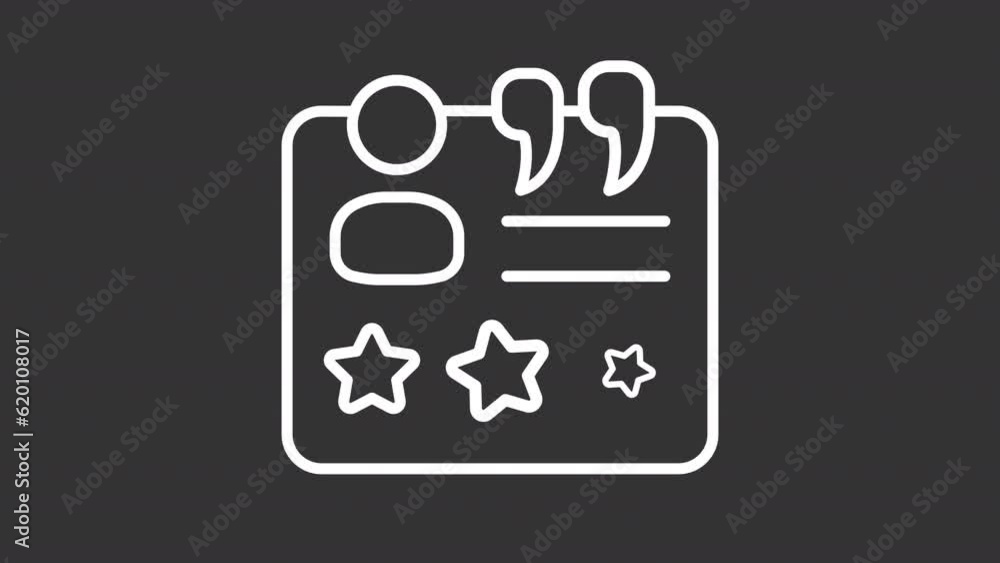 Poster User review white icon animation. Animated line review form with user avatar and text. Rating stars. Loop HD video with alpha channel, transparent background. Motion graphic design for night mode
