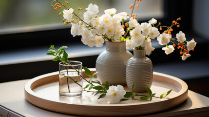 Generative ai illustration of wood table counter podium, gray vase, white bouquet flower