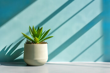 succulent plant in white flower pot against the blue wall, shadows of a big window on the wall, generative ai