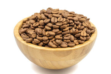 Coffee bean isolated on white background. Coffee bean in wooden bowl. Close up