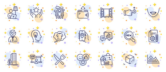 Obraz premium Outline set of T-shirt, Food delivery and Open door line icons for web app. Include Investment graph, Food, Vacancy pictogram icons. Mental health, Augmented reality, Voting campaign signs. Vector