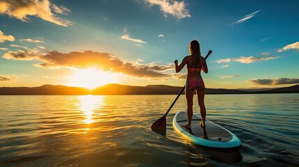 Joyful Woman Stand-Up Paddleboarding on Azure Waters. Generative Ai. 