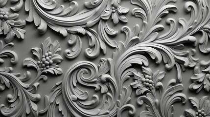 Floral wallpaper design featuring a gray color palette with a silver metallic pattern showcasing an elegant and sophisticated combination of floral elements and a textured silver finish. Generative Ai
