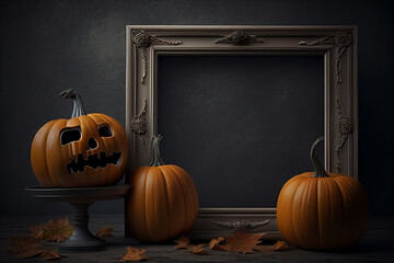 Empty frame and scary pumpkin jack o lantern. Copy space template for spooky Halloween party. Generative AI
