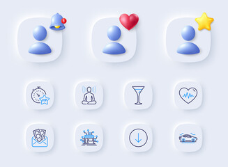 Vip timer, Heartbeat and Scroll down line icons. Placeholder with 3d bell, star, heart. Pack of Distribution, Yoga, Bribe icon. Martini glass, Car pictogram. For web app, printing. Vector