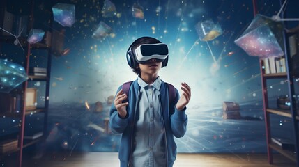 Kid wearing Virtual Reality glasses, fully immersed in virtual reality educational scenario. Learning experiences, providing engaging and interactive lessons that enhance understanding. Generative AI