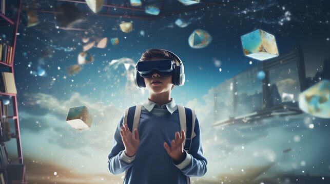 Kid wearing Virtual Reality glasses, fully immersed in virtual reality educational scenario. Learning experiences, providing engaging and interactive lessons that enhance understanding. Generative AI