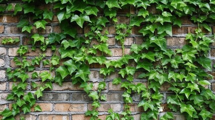 Wall adorned with a green leaf plant, specifically an ivy vine, showcasing the lush and vibrant leaves that cascade down the surface. Generative Ai