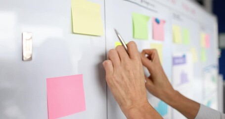 Female hands sticking colorful reminder stickers on board closeup 4k movie slow motion. Organization of work in business concept
