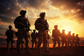 Special forces soldiers team on battle field at sunset