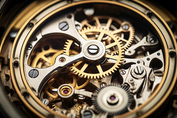 Fototapeta na wymiar Elegant retro clockwork mechanism with cogs and gears close-up