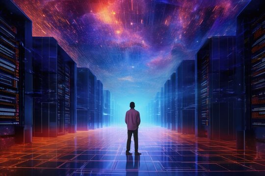 Man standing around large computer data center. Created with Generative Ai technology.