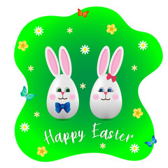 Easter eggs shaped bunnies, a boy and a girl, with bows. Vector illustration on bright green background with flowers and butterflies.