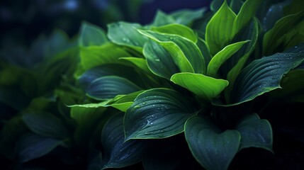 Close-up view of dark green leafed plants in nature, showcasing the intricate details of the leaves. Generative Ai