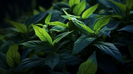 Obraz premium Close-up view of dark green leafed plants in nature, showcasing the intricate details of the leaves. Generative Ai