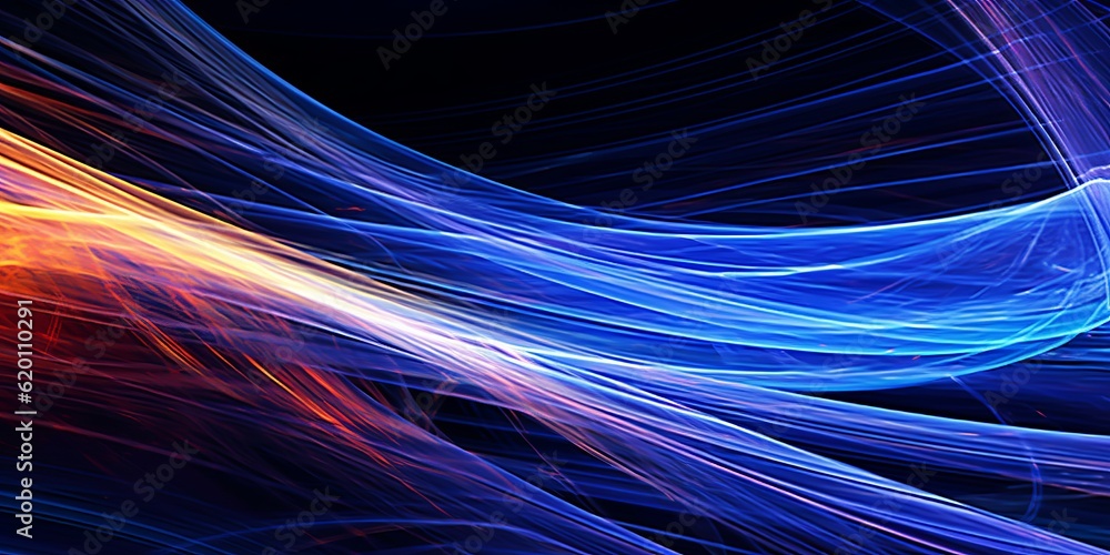 Poster abstract digital art composition featuring vibrant and colorful lines in varying shades of blue. gen