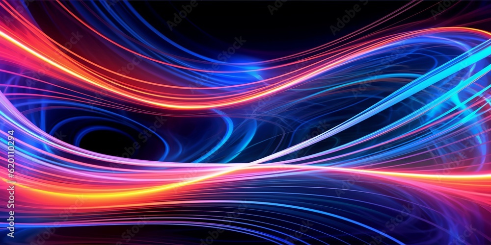 Poster abstract digital art composition featuring vibrant and colorful lines in varying shades of blue. gen