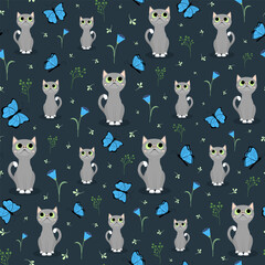 Seamless pattern with cute cat, butterflies, flowers and plants. Summer nature flat vector illustration.