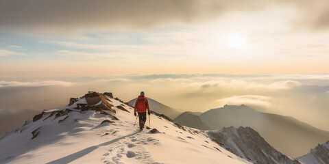 Climber or hiker reaches the top of a mountain covered with snow - theme perseverance, reaching goal, willpower and vision - Generative AI  - obrazy, fototapety, plakaty