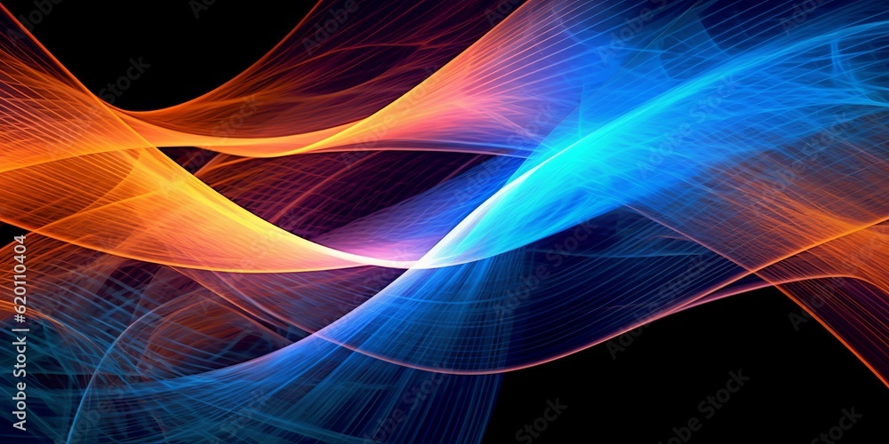 Poster abstract digital art composition featuring vibrant and colorful lines in varying shades of blue. gen