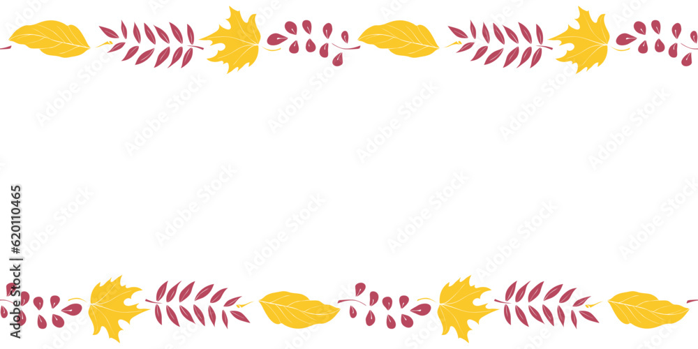 Poster vector background, frame made of colorful autumn leaves on edges. horizontal top and bottom edging, 