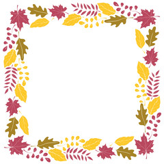Square colorful frame, border made of colorful autumn leaves hand drawn in flat style. Theme is forest, nature, happy fall, thanksgiving