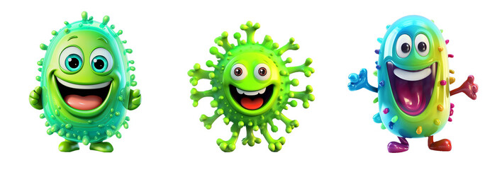 Collection of cartoon bacteria isolated, set of funny microbes and viruses, cute microorganisms and germs on white background, generated ai