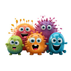 Cartoon bacteria family, funny microbes and viruses, friendly microorganisms and germs on white background, generative ai