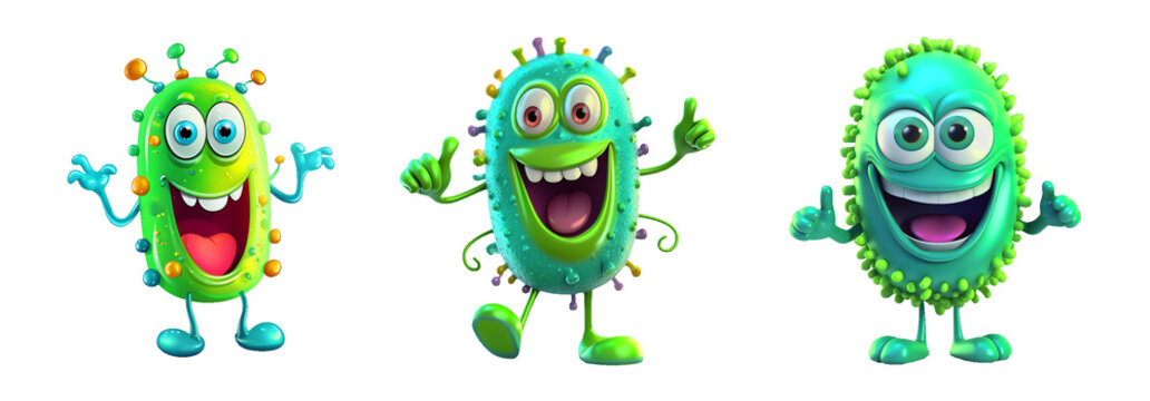 Collection of cartoon bacteria isolated, set of funny microbes and viruses, cute microorganisms and germs on white background, generated ai