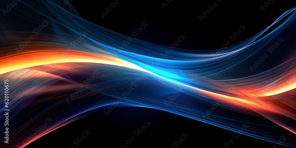 Poster abstract digital art composition featuring vibrant and colorful lines in varying shades of blue. gen
