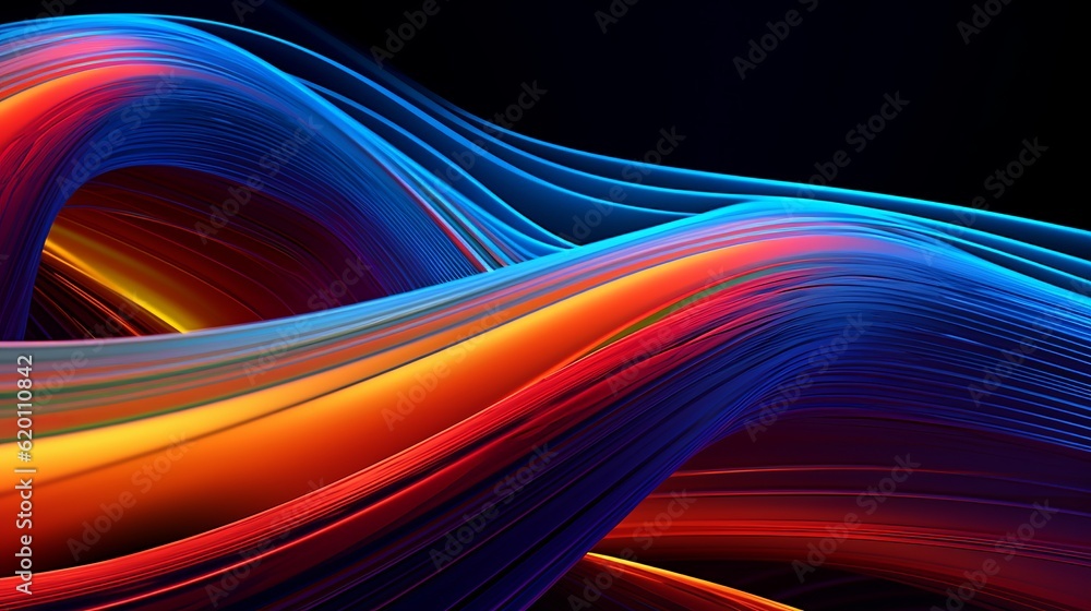 Poster abstract digital art composition featuring vibrant and colorful lines in varying shades of blue. gen