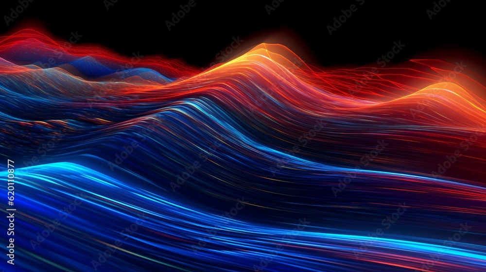 Poster abstract digital art composition featuring vibrant and colorful lines in varying shades of blue. gen