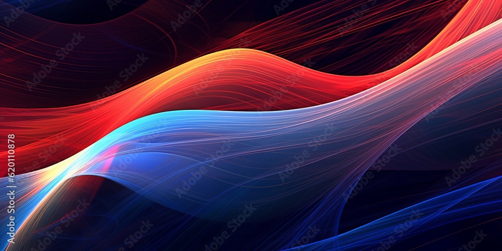 Poster abstract digital art composition featuring vibrant and colorful lines in varying shades of blue. gen