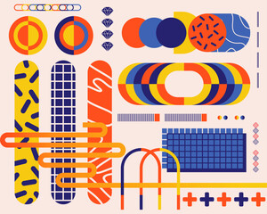 Obraz premium Pop art style rounded swiss bauhaus background retro illustration vector element, colorful, playfull, graphic event identity editable