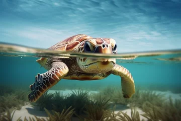 Tuinposter Green sea turtle swimming underwater in the ocean. This is a 3d render illustration © Rama