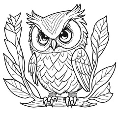 Obraz premium 枝にとまる鳥（フクロウ）のモノクロ線画