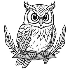 枝にとまる鳥（ミミズク）のモノクロ線画