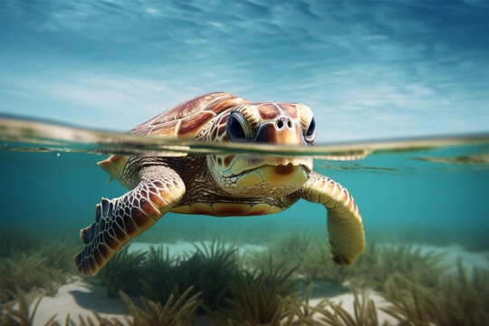 Green sea turtle swimming underwater in the ocean. This is a 3d render illustration