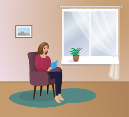 Young girl sitting in an Armchair near the Window and reading a Book. Vector illustration in flat style on brown background. Rest, Vacation, Weekend 