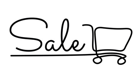Shopping cart, one line outline illustration. Shop promotion, surprises and gifts for the day of shopping. Illustration for discount sale.
