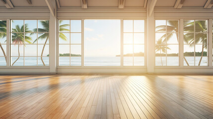 Obraz na płótnie Canvas Empty apartment room with wooden floor of beach house. Sea view from windows. Copy space. Generative AI
