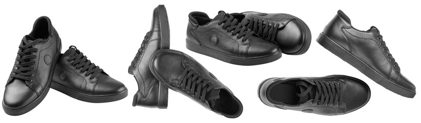 black leather sneakers on a transparent white background close up