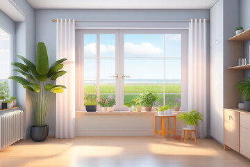 Window with white curtain and potted green plants on windowsill. Indoor decorative plants in an apartment with cabinet, against the background. summer meadows and fields behind window. Generative ai.